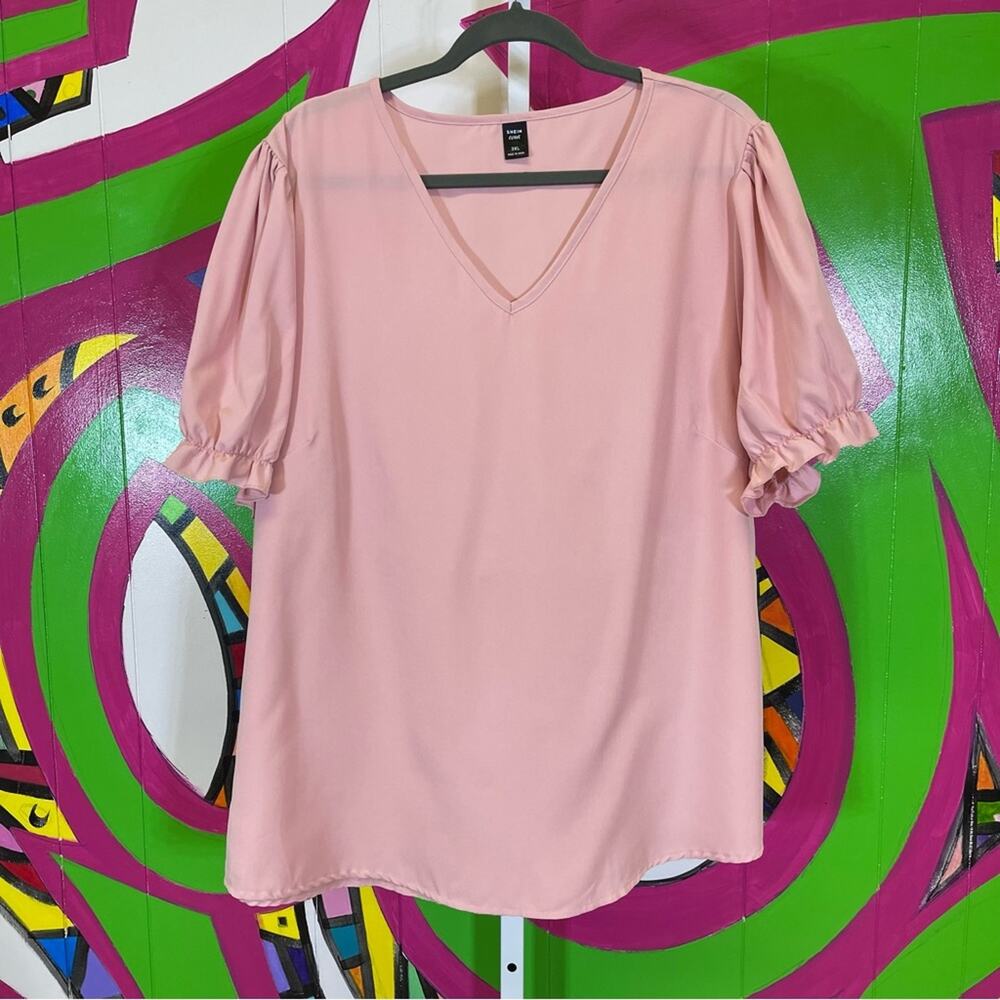 SHEIN Curve, Pink V-Neck Blouse. Ruffle Sleeves. Size 3XL. Excellent condition!